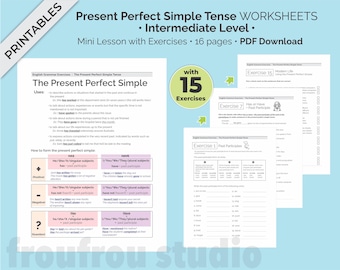 Könnte beinhalten: Ein druckbares Arbeitsblatt zum Erlernen des Present Perfect Simple Tense in Englisch. Das Arbeitsblatt enthält eine Minilektion, 15 Übungen und ist für Lernende auf mittlerem Niveau konzipiert. Das Arbeitsblatt trägt den Titel "Present Perfect Simple Tense Worksheets - Intermediate Level" und enthält den Text "Mini Lesson with Exercises - 16 pages - PDF Download".