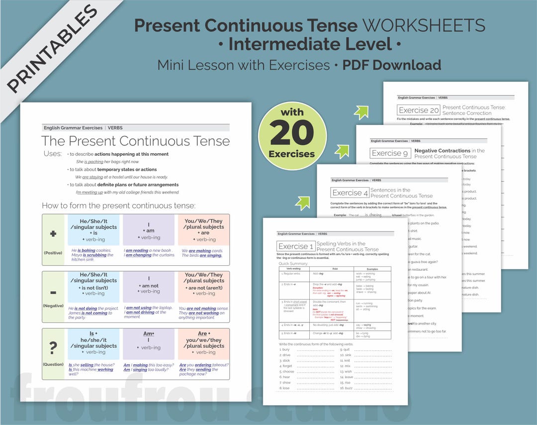 Present CONTINUOUS Tense ESL Worksheets -printable Grammar Mini-lesson ...