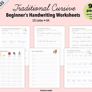 Peut inclure: Feuilles de travail d'écriture cursive pour débutants. Les exercices comprennent l'alphabet, les mots et les phrases. Les pages sont au format US Letter et A4, avec un total de 98 pages.