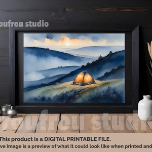 Beautiful Mountain Campsite Printable Wall Art | 300 DPI Watercolor Wall Art DIGITAL DOWNLOAD | Camping Outdoors Themed Wall Decor