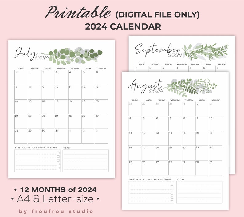 Printable 2024 Calendar, Leaftheme 2024 Calendar, Greenery 2024