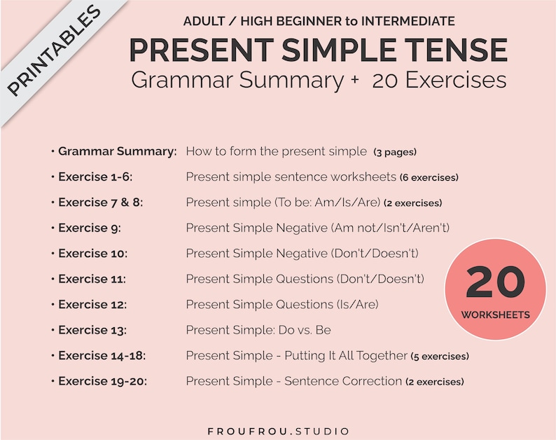 Simple Present Tense Mini-lesson and 20 Worksheets Printable ESL Pack - Simple Present Tense Exercises For Adults/Beginners to Intermediate image 2