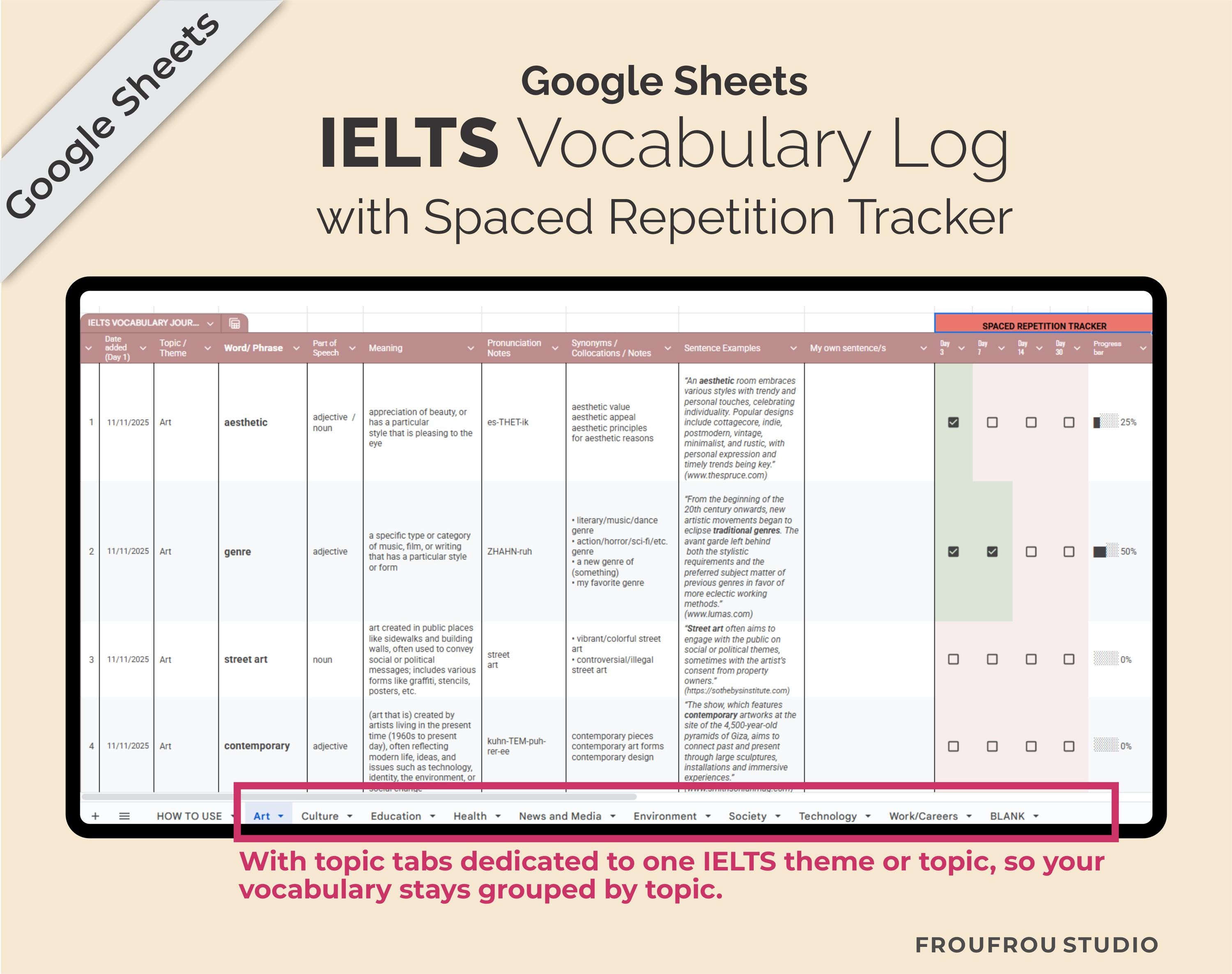 Google Sheets IELTS English Vocabulary Log With Spaced Repetition ...
