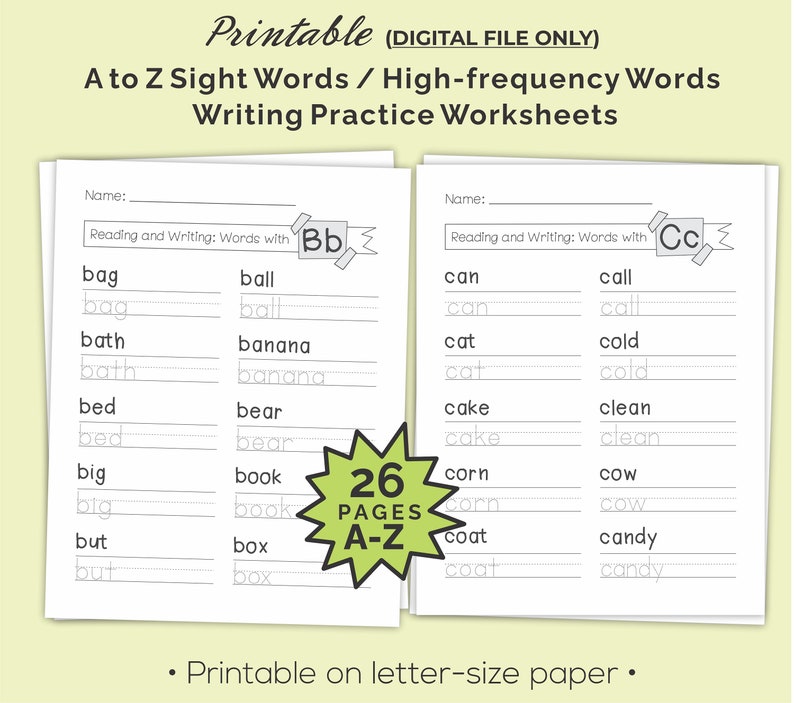 A-Z Printable Sight Words Reading and Writing, High Frequency Words ...