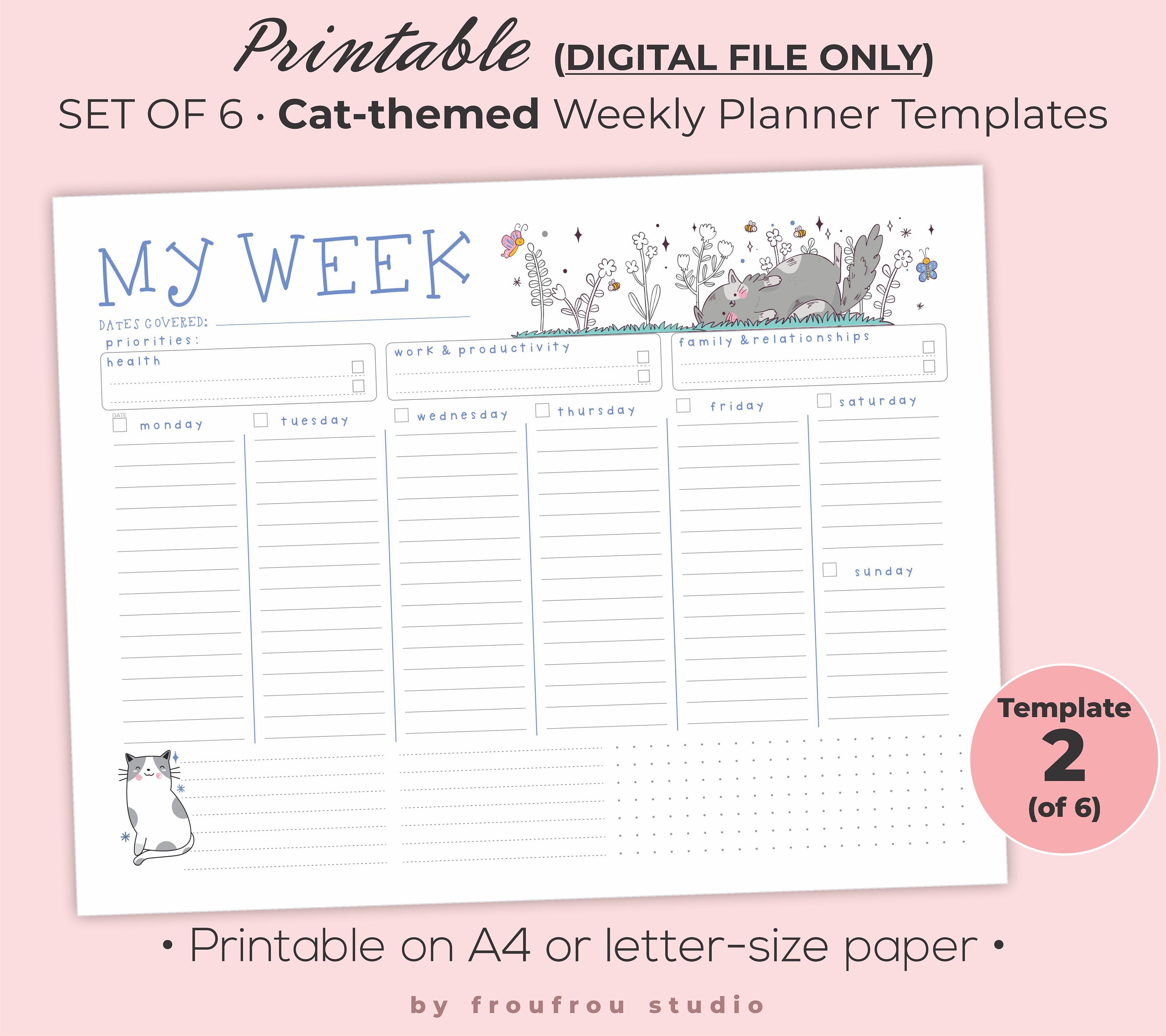 Cute Cats Weekly Planner Template Pack - Set of 6 Plus Bonus Notes ...