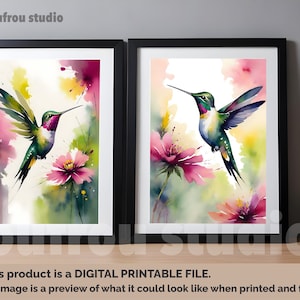 Set of 2 Watercolor Hummingbird Printable Wall Art | 300 DPI Watercolor DIGITAL DOWNLOAD | Watercolor Bird Painting | Hummingbird Posters