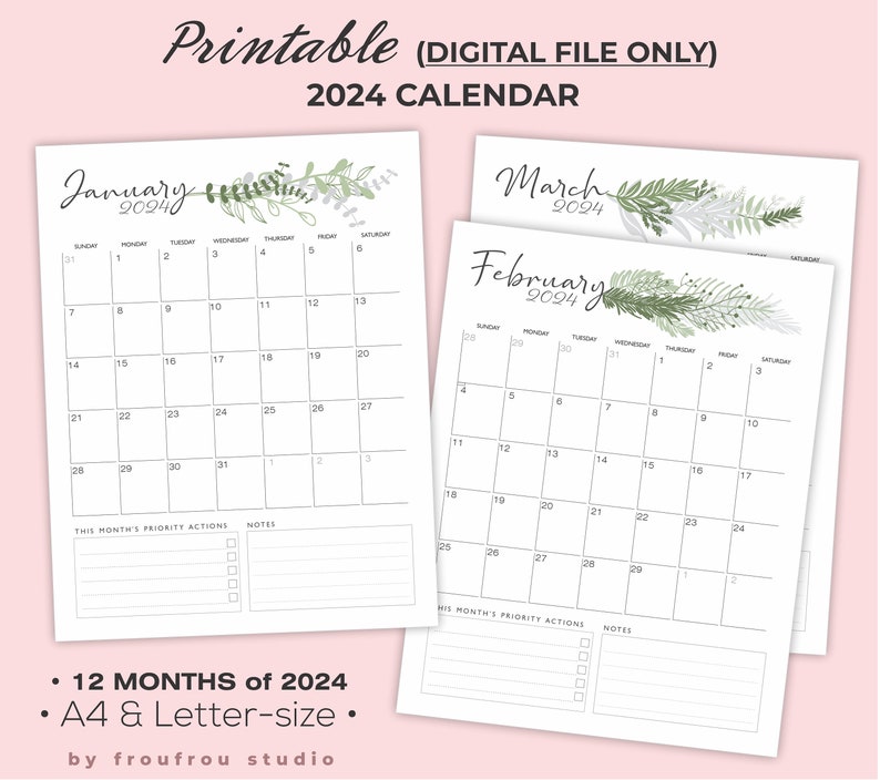 Printable 2024 Calendar, Leaftheme 2024 Calendar, Greenery 2024