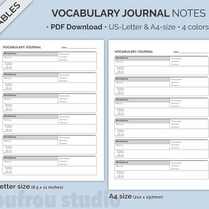 Printable Vocabulary Journal Notes Template - Language Learning Journal - Vocabulary Page with Synonyms, Antonyms, Sentences