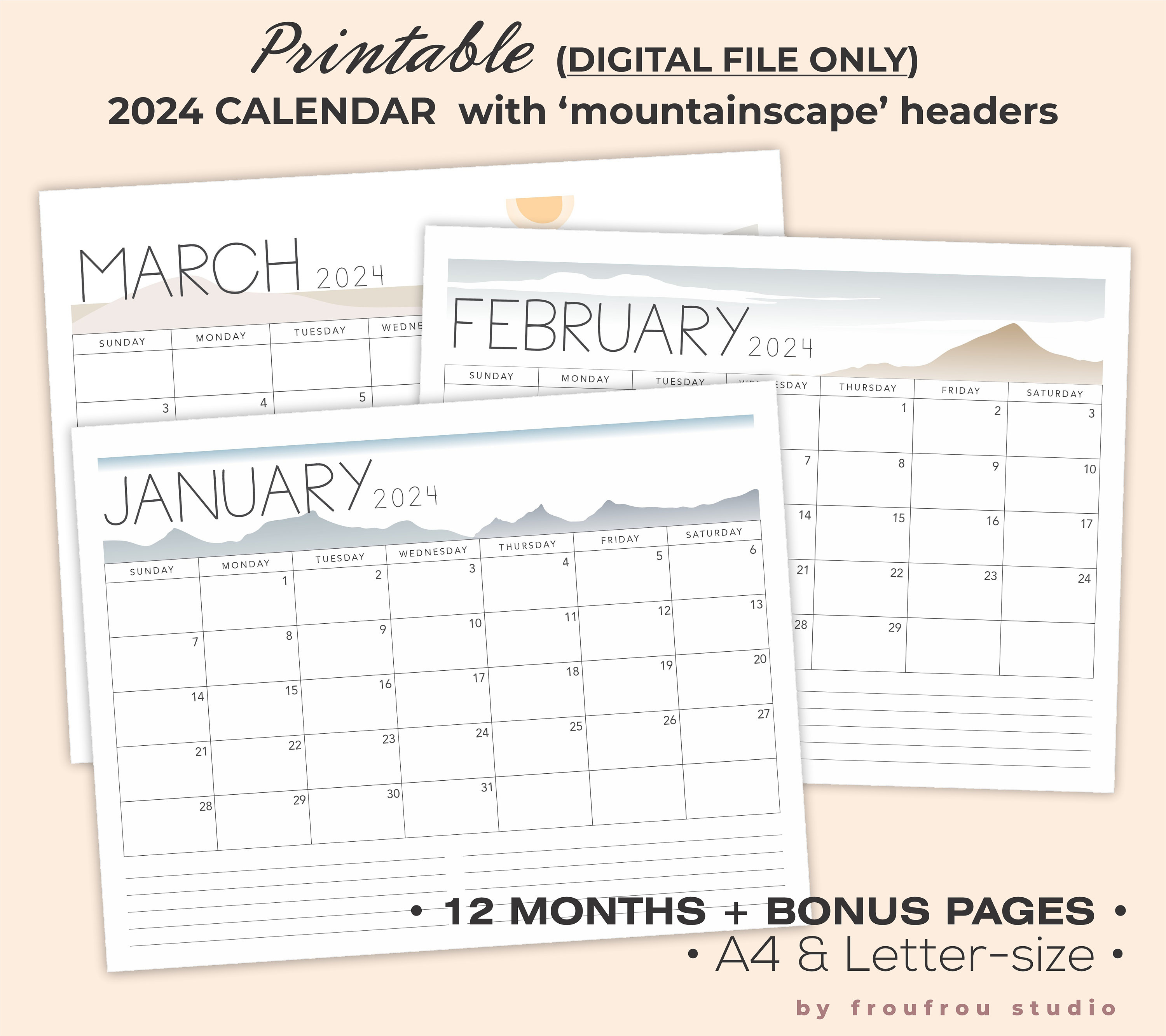 Printable Monthly Calendar Planner 2024 With Mountain Etsy