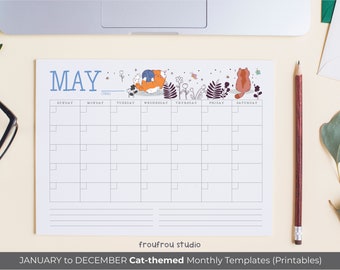 Printable January to December Blank Monthly Calendar - Cute Cats Theme, with Bonus 2024 & 2025 One-page Calendars | Printable Blank Calendar