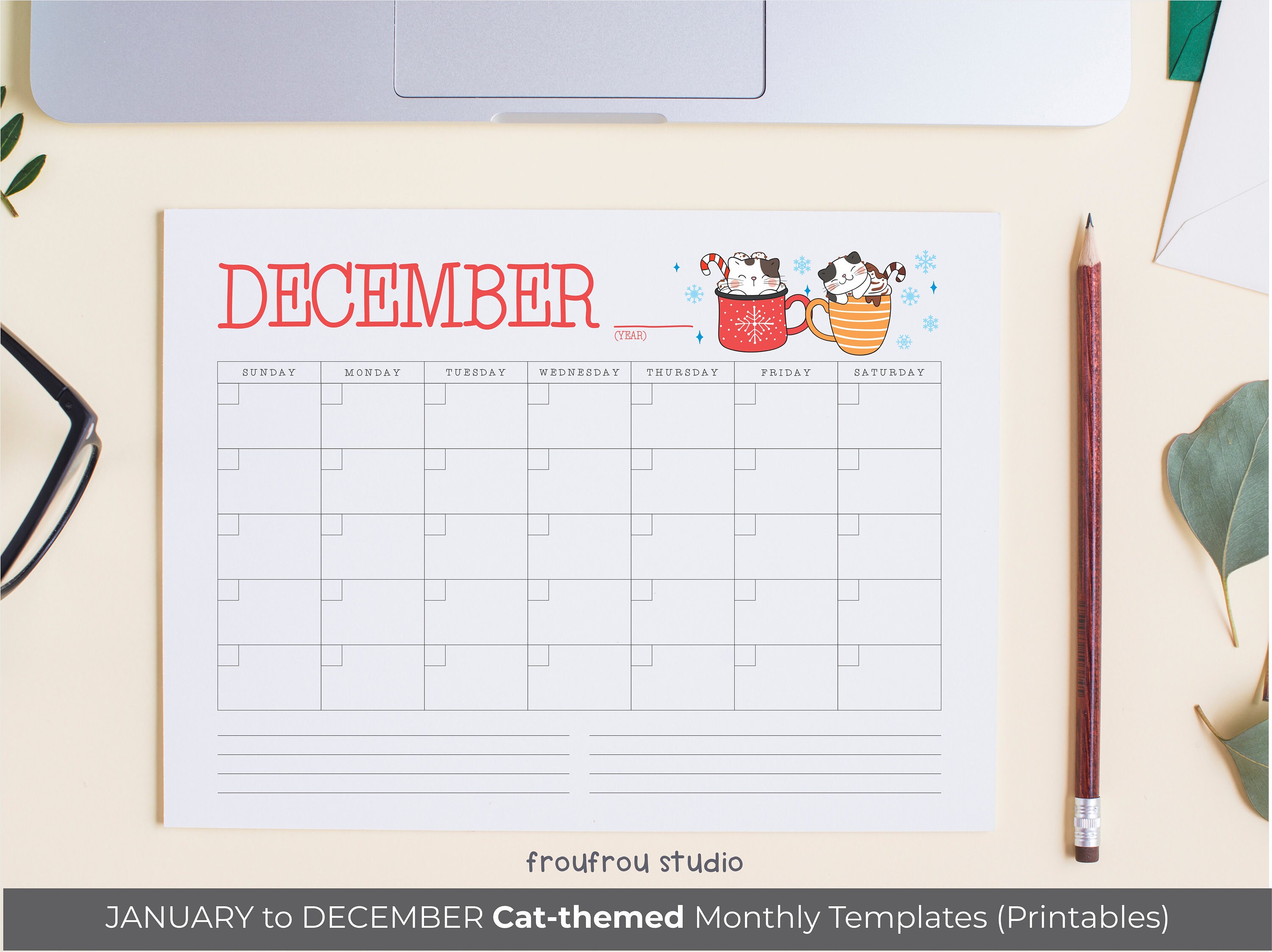 Printable January to December Blank Monthly Calendar Cute Cats Theme ...