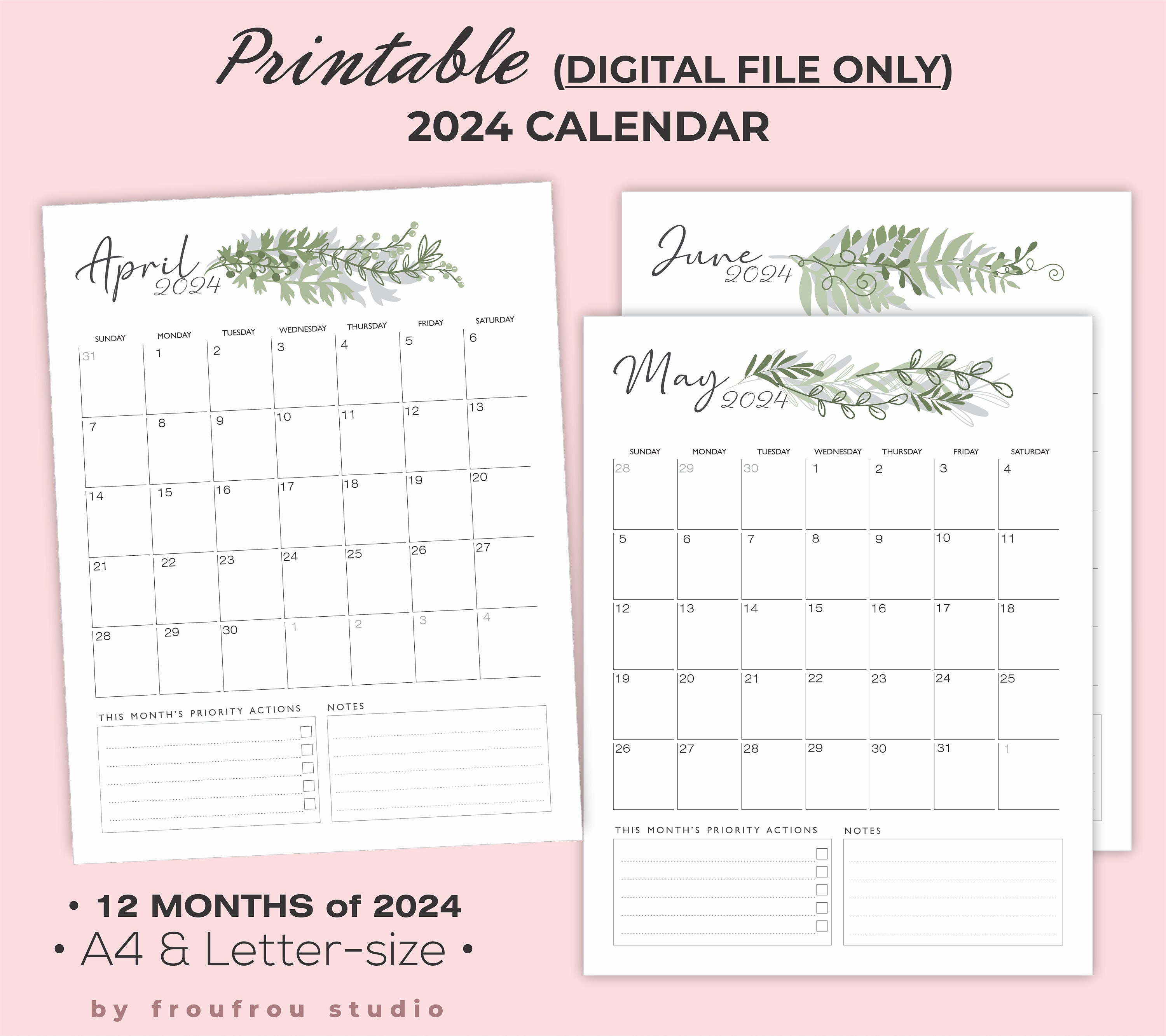 Printable 2024 Calendar, Leaftheme 2024 Calendar, Greenery 2024 Calendar, Foliage Calendar 2024