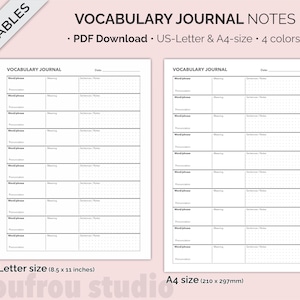 May include: Two printable vocabulary journal pages with a light pink background. The pages are labeled "Vocabulary Journal" and include sections for word/phrase, pronunciation, meaning, and sentences/notes. The text "US-Letter & A4-size" is also visible.