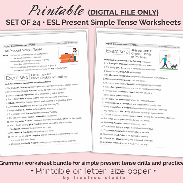 24-page (High Beginner-Intermediate-Adult) Grammar Worksheets for Present Simple  Tense | Present Simple Tense English Grammar Worksheets