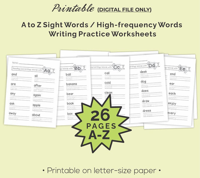 A-Z Printable Sight Words Reading and Writing, High Frequency Words ...