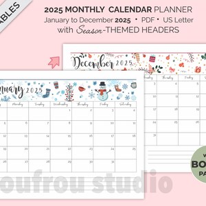 2025 Monatskalender mit saisonalen Überschriften -- Kalender im US-Letter-Format, 2025 Tischkalender mit farbigen Überschriften