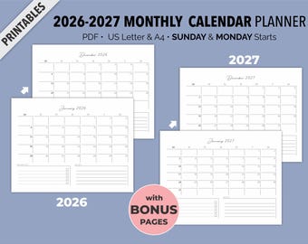 Minimalistische maandelijkse kalenderplanner 2026-2027 - begint zondag en maandag - pdf-download