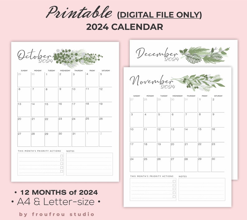 Printable 2025 Calendar, Leaftheme 2025 Calendar, Greenery 2025