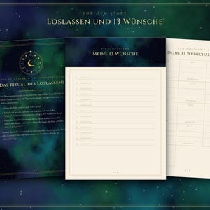 Pu&ograve; includere: Tre fogli di carta rettangolari con uno sfondo a nebulosa verde scuro e blu. Il foglio a sinistra presenta il testo Das Ritual des Loslassens. Il foglio centrale &egrave; intitolato Meine 13 W&uuml;nsche con righe numerate. Il foglio a destra &egrave; una griglia intitolata Deine 13 Wunschzettel.