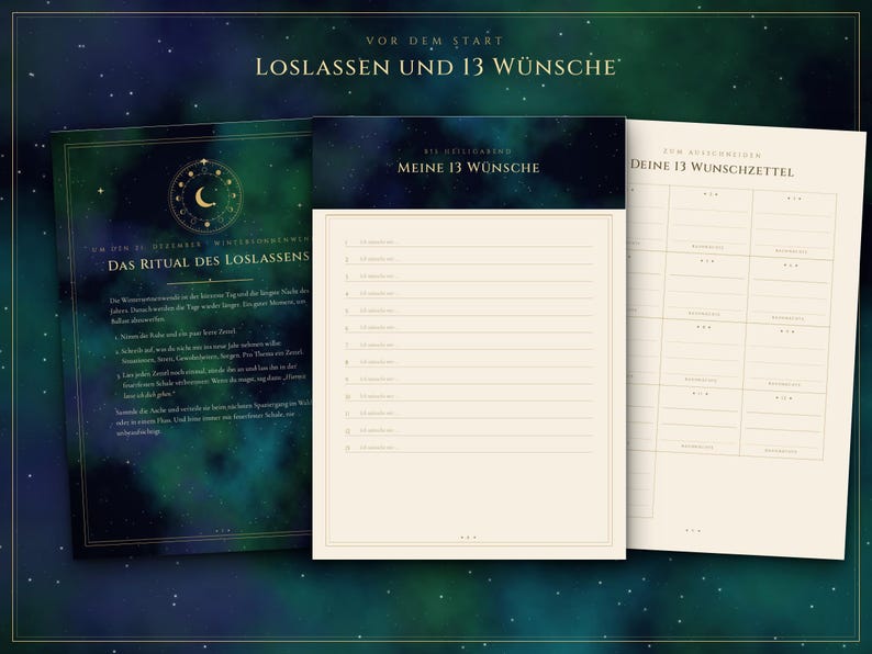 Pu&ograve; includere: Tre fogli di carta rettangolari con uno sfondo a nebulosa verde scuro e blu. Il foglio a sinistra presenta il testo Das Ritual des Loslassens. Il foglio centrale &egrave; intitolato Meine 13 W&uuml;nsche con righe numerate. Il foglio a destra &egrave; una griglia intitolata Deine 13 Wunschzettel.