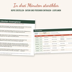 K&ouml;nnte beinhalten: Eine digitale Essensplaner-Vorlage bestehend aus zwei wei&szlig;en Bl&auml;ttern mit dunkelgr&uuml;nen Kopfzeilen. Das linke Blatt enth&auml;lt sechs nummerierte Anweisungen, w&auml;hrend das rechte Blatt ein Wochenplan-Raster mit Spalten f&uuml;r Tage und Mahlzeiten zeigt.