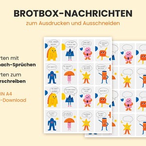 Può includere: Un foglio digitale stampabile con 32 carte rettangolari raffiguranti personaggi dei cartoni animati colorati. Il testo include 'BROTBOX-NACHRICHTEN', '16 Karten mit Mutmach-Sprüchen', '16 Karten zum Selberschreiben', 'PDF, DIN A4' e 'Sofort-Download'.