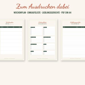K&ouml;nnte beinhalten: Drei ausdruckbare A4-Planerseiten mit cremefarbenem Hintergrund und dunkelgr&uuml;nen Akzenten. Die Seiten enthalten einen Wochenplan, eine kategorisierte Einkaufsliste und eine Liste f&uuml;r Lieblingsgerichte mit den &Uuml;berschriften Zum Ausdrucken dabei.