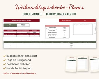 Planer prezentów świątecznych w Arkuszach Google | Lista prezentów z budżetem i odliczaniem | Dodatkowo plik PDF do wydrukowania | Organizator świąteczny