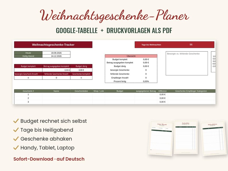 Planejador de Presentes de Natal no Google Sheets | Lista de Presentes com Orçamento e Contagem Regressiva | PDF para Imprimir | Organizador de Natal imagem 1