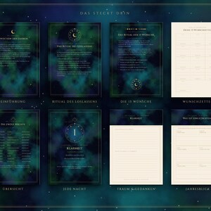 Pu&ograve; includere: Un set di otto pagine stampabili con uno sfondo nebulosa blu e verde scuro, caratterizzato da icone celesti dorate e testo. Le pagine includono titoli come Das Steckt Drin, Einf&uuml;hrung, Ritual des Loslassens, Die 13 W&uuml;nsche, Wunschzettel, &Uuml;bersicht, Jede Nacht, Klarheit, Traum & Gedanken e Jahresblick.