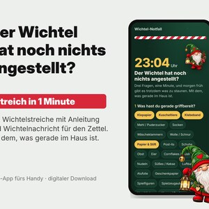 Può includere: Un'interfaccia di app mobile intitolata Wichtel-Notfall mostra un timer per il conto alla rovescia e un elenco di oggetti domestici per scherzi. Lo schermo presenta un gnomo dei cartoni animati con un cappello verde e un vestito rosso.