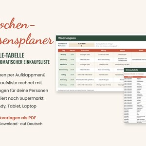 K&ouml;nnte beinhalten: Ein digitaler Wochen-Essenplaner f&uuml;r Google-Tabellen mit einer strukturierten Tabelle f&uuml;r Wochentage, Datum, Fr&uuml;hst&uuml;ck, Mittagessen, Abendessen und Snacks, erg&auml;nzt durch eine automatische Einkaufsliste und druckbare PDF-Vorlagen.