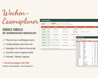 Tygodniowy plan posiłków w Arkuszach Google | Plan posiłków z automatyczną listą zakupów | Plan posiłków w języku niemieckim | plus plik PDF do wydrukowania