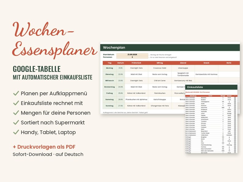 K&ouml;nnte beinhalten: Ein digitaler Wochen-Essenplaner f&uuml;r Google-Tabellen mit einer strukturierten Tabelle f&uuml;r Wochentage, Datum, Fr&uuml;hst&uuml;ck, Mittagessen, Abendessen und Snacks, erg&auml;nzt durch eine automatische Einkaufsliste und druckbare PDF-Vorlagen.