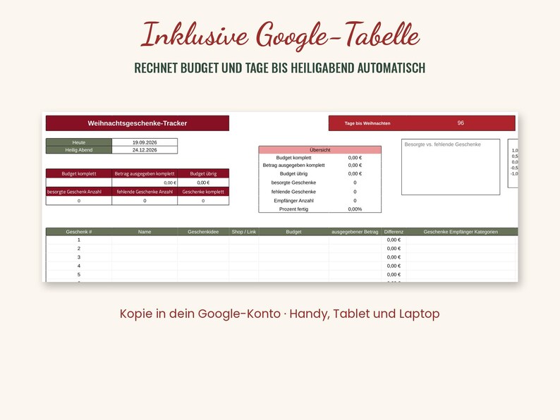 Planejador de Presentes de Natal no Google Sheets | Lista de Presentes com Orçamento e Contagem Regressiva | PDF para Imprimir | Organizador de Natal imagem 2