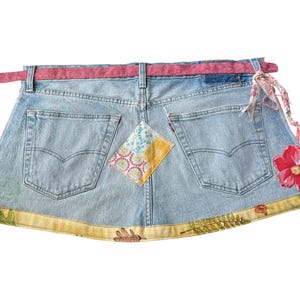 Handcrafted Upcycled Denim Apron with Floral Patchwork and Pink Tie – Eco-Friendly,  Half Apron, Vintage Style Kitchen or Gardening Apron