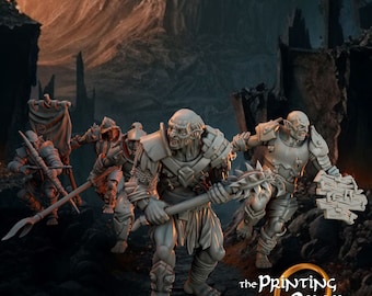 May include: A group of four grey plastic miniature figures of orcs, one holding a banner, one holding a sword, one holding a shield, and one holding a spiked club. The figures are posed in a battle stance. The background is a dark, rocky landscape.
