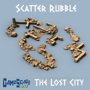 Può includere: Macerie sparse di una città perduta, con una colonna rotta e muri di pietra, di colore marrone chiaro su uno sfondo blu chiaro. Il testo "SCATTER RUBBLE" e "THE LOST CITY" sono in bianco.