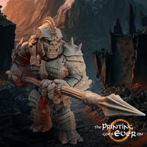 May include: A detailed figurine of a fantasy creature, possibly an orc, in full armor, holding a spear. The figure is in a battle-ready pose, with a stern expression. The Printing Goes Ever On logo is visible.