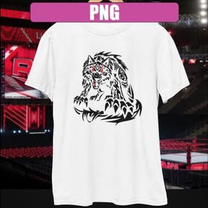 May include: White t-shirt featuring a black and red tribal wolf design.