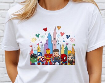 Avengers Castle T-Shirt - Superhero Tee, Cartoon Style, Iron Man, Spidey, Captain America, Family Trip