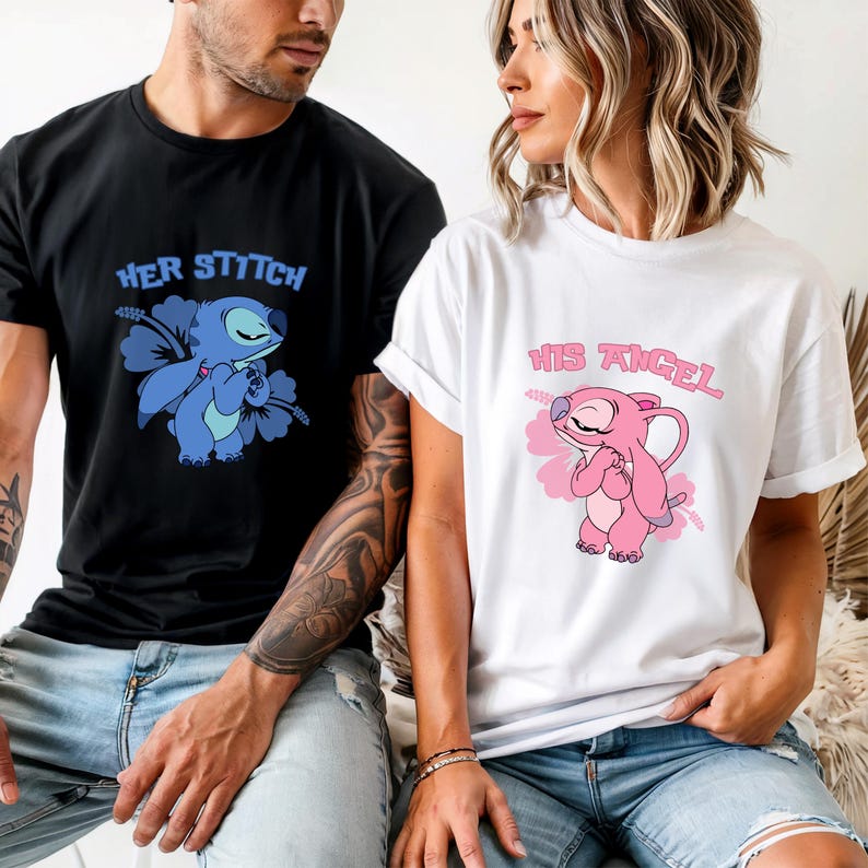 May include: Black and white t-shirts featuring cartoon characters. The black tee has "HER STITCH" above a blue Stitch holding a flower. The white tee has "HIS ANGEL" above a pink Angel character.