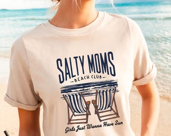 Salty Moms Beach Club T-Shirt: Retro Graphic Tee, Soft Cotton, Summer Vibes