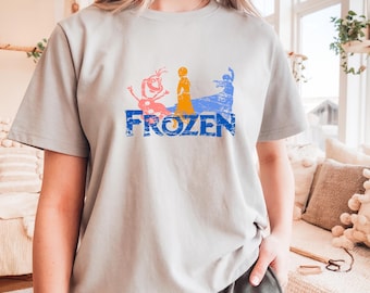 Frozen Movie T-Shirt, US Cotton, Distressed Graphic Tee, Unisex, Elsa, Anna, Olaf Silhouettes.