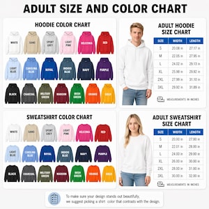 May include: A size and color chart for adult hoodies and sweatshirts. The chart displays various colors, including white, black, and red. Size charts in inches are also included, detailing width and length measurements for each size, from S to 3XL.