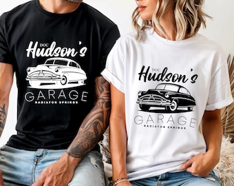 Doc Hudson's Garage T-Shirt, 100% US Cotton, Racing Cars, Gift Tee for Fans, Kids