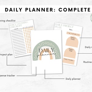 Peut inclure: Plusieurs pages de planificateur quotidien imprimables. La page centrale présente un motif arc-en-ciel avec les mots "Daily Planner". D'autres pages incluent une liste de contrôle de nettoyage, un plan de projet et un plan de repas quotidien.