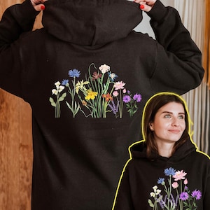 Wildflower Hoodie, Sleeve Design Flower Hoodie, Botanical Flower Hoodie, Valentine Day Gift,  Womens Hoodie, Boho Cottagecore Hoodie