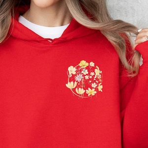 Pressed Flowers Block Print Floral Pocket Hoodie, Vintage Botanical Minimalist Hoodie, Garden Lovers Hoodie, Cute Wildflower Hoodie