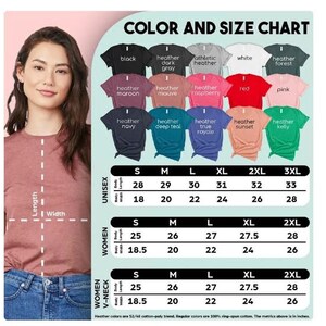 May include: A color and size chart for t-shirts, featuring various colors like black, navy, and red. The chart includes unisex, women's, and women's V-neck sizes, with measurements in inches. The chart also shows the body width and length for each size.